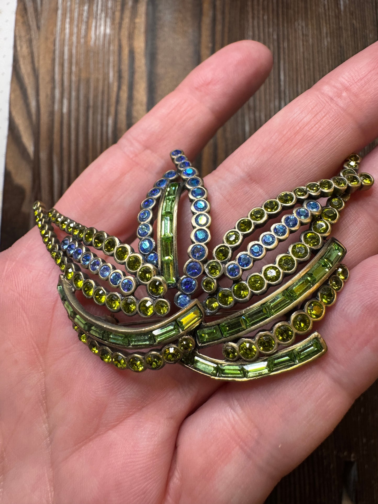 Vintage Butler Green Blue Rhinestone Crown Brooch Pin Statement