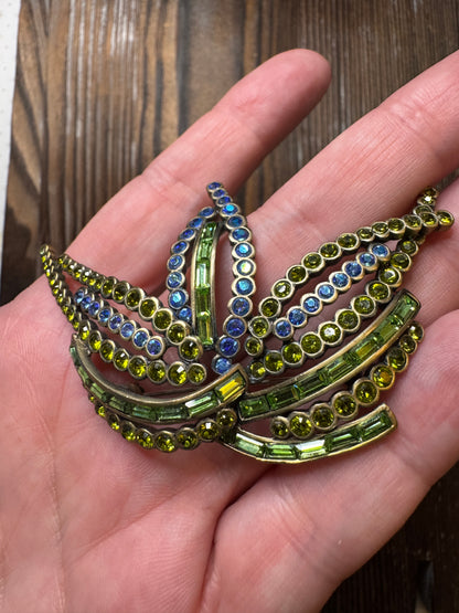 Vintage Butler Green Blue Rhinestone Crown Brooch Pin Statement