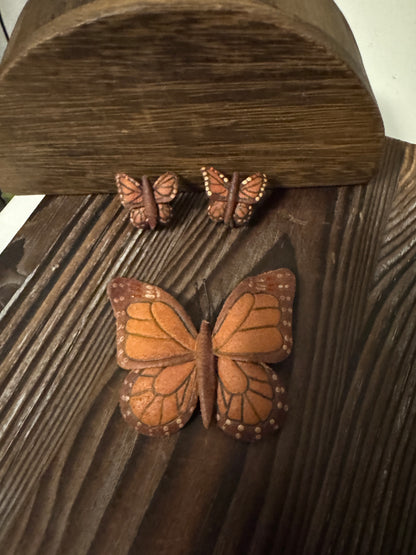Vintage Leather Tooled Butterfly Brooch & Earring Set