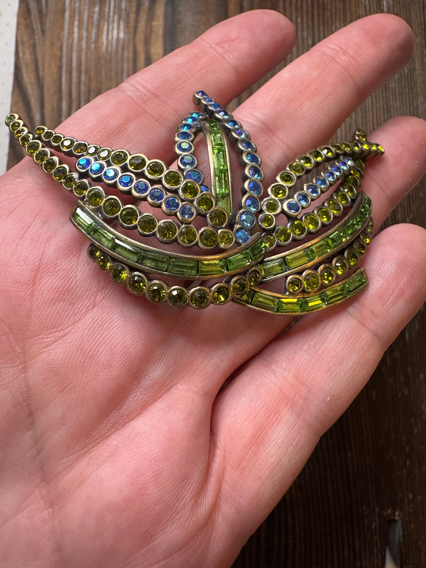 Vintage Butler Green Blue Rhinestone Crown Brooch Pin Statement