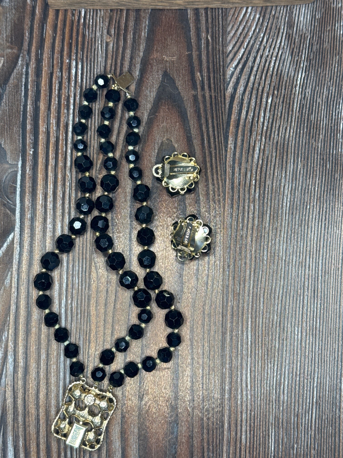 Vintage Marvella Black Faceted Bead Duo with Ornate Clasp