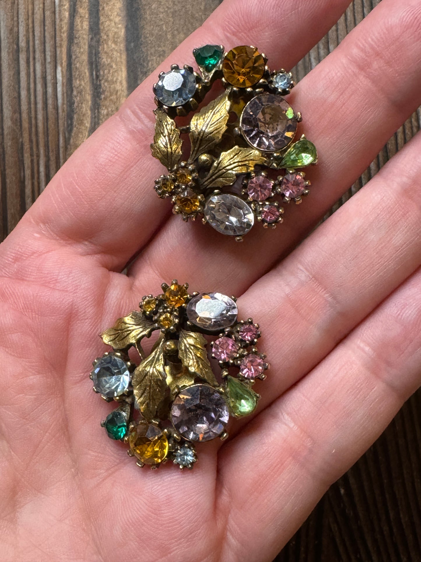 Vintage Lisner Multi Color Rhinestone Leaf Earrings Clip On Fall