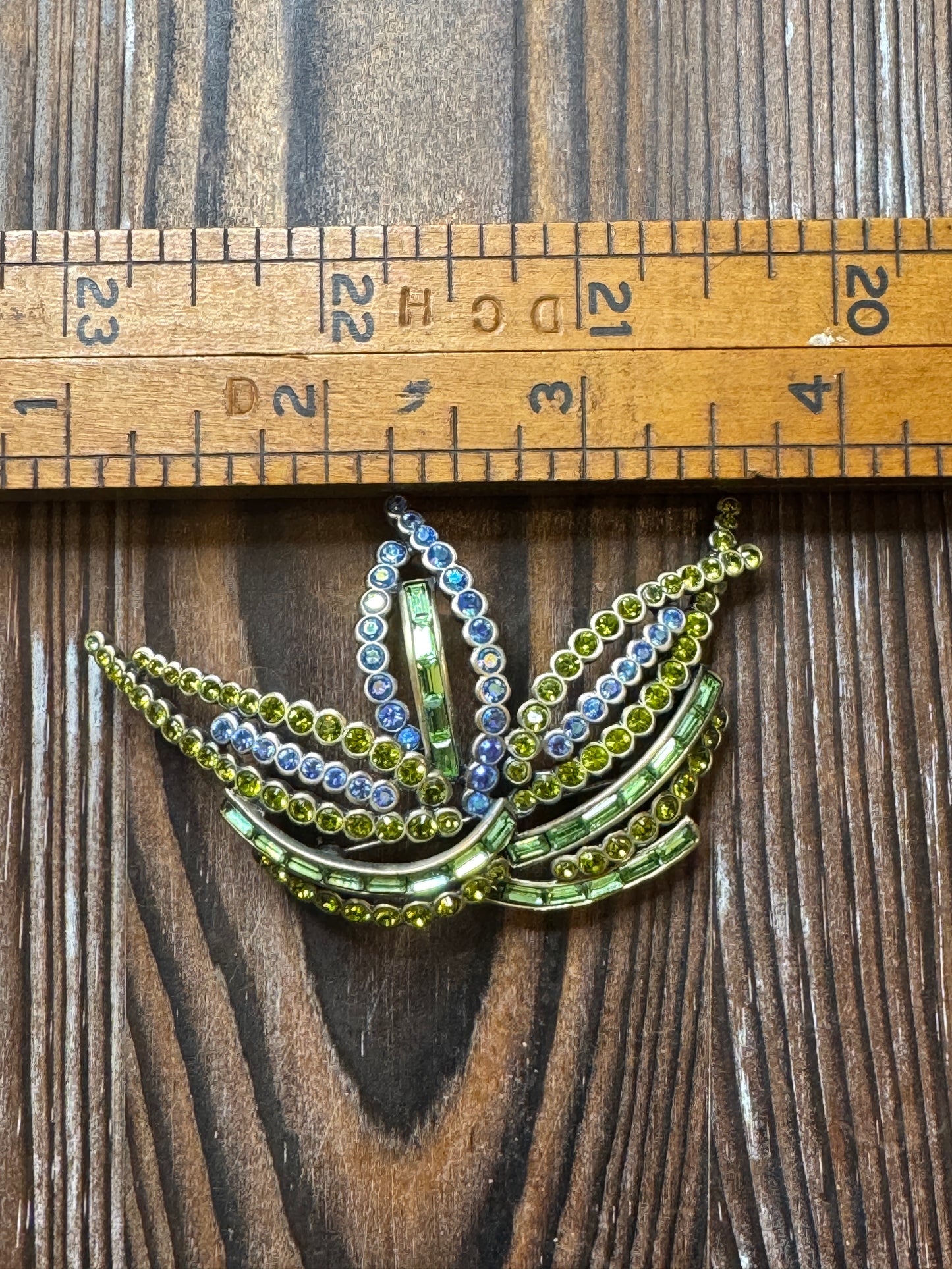 Vintage Butler Green Blue Rhinestone Crown Brooch Pin Statement