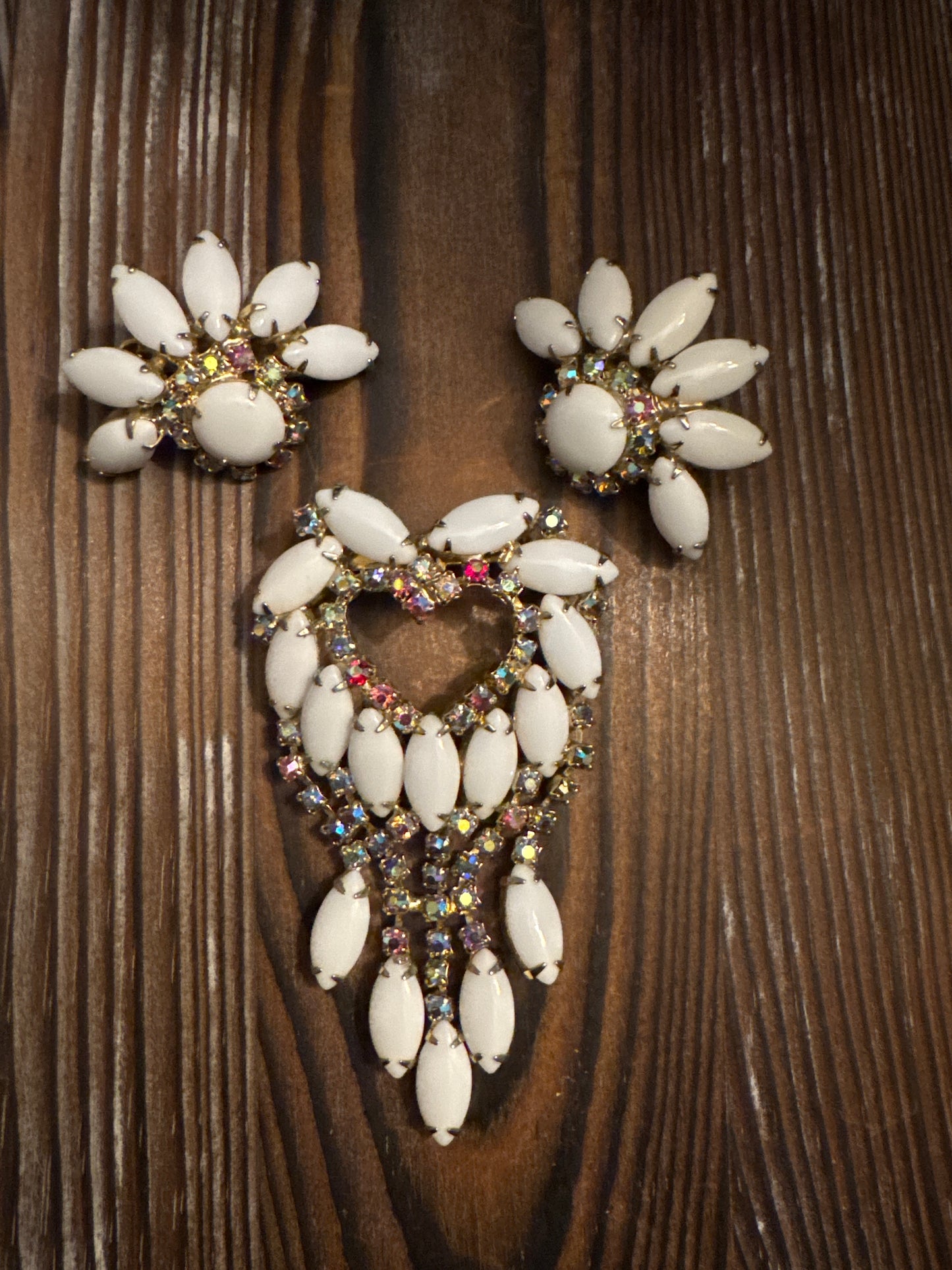 Vintage White Milk Glass AB Rhinestone Flower Brooch Earrings Set