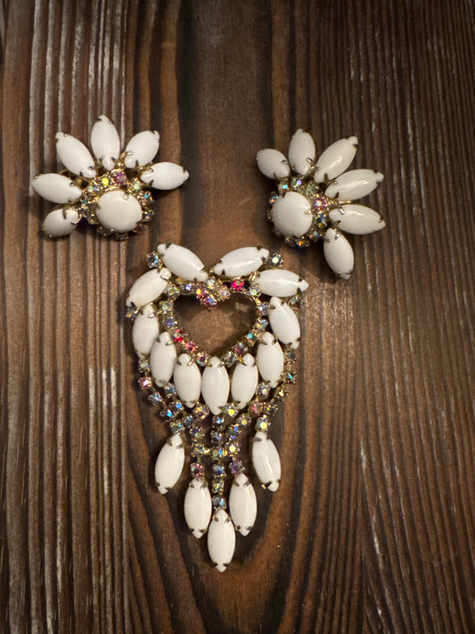 Vintage White Milk Glass AB Rhinestone Flower Brooch Earrings Set