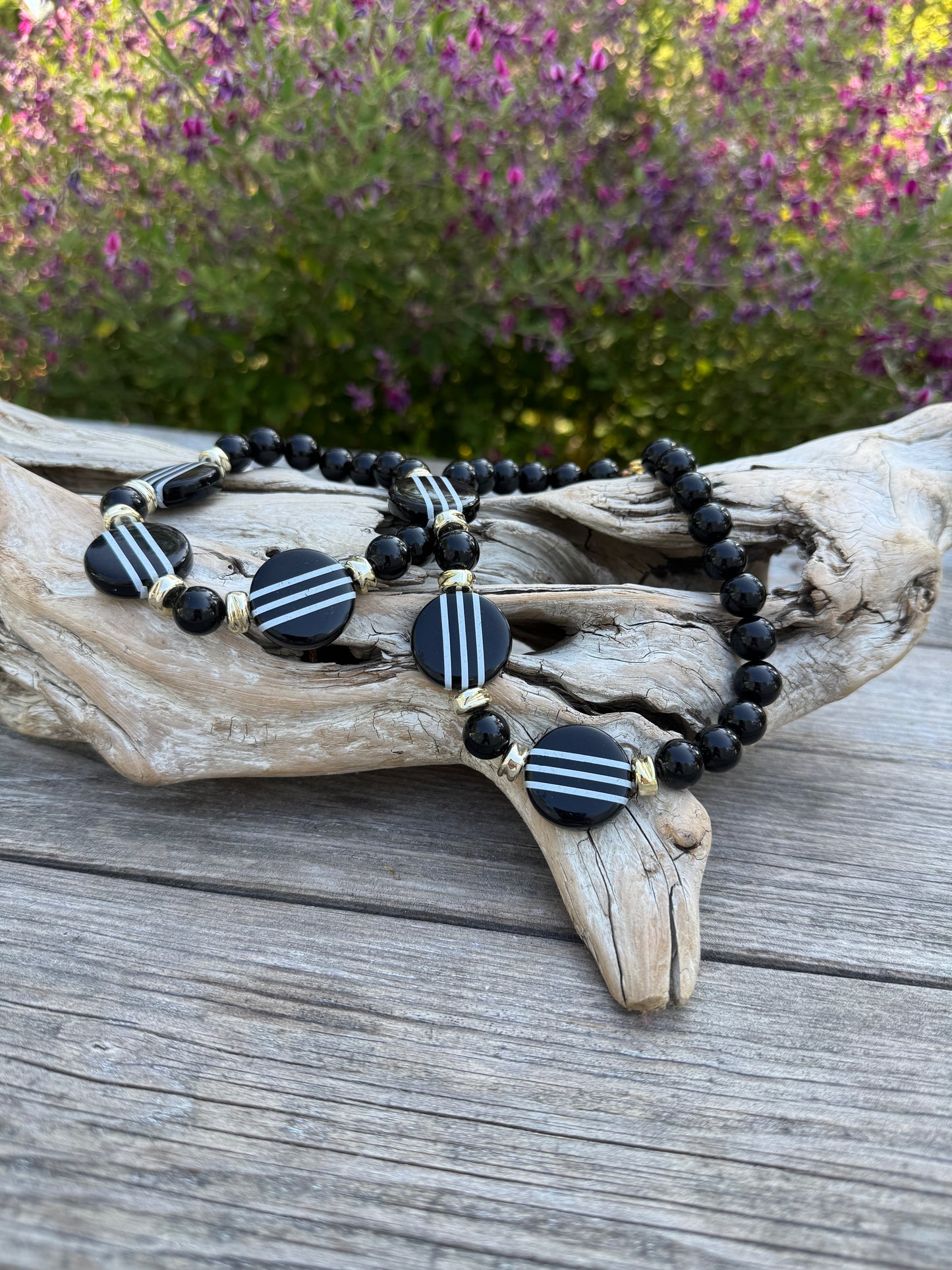 Vintage Beaded Necklace- geometric black and white