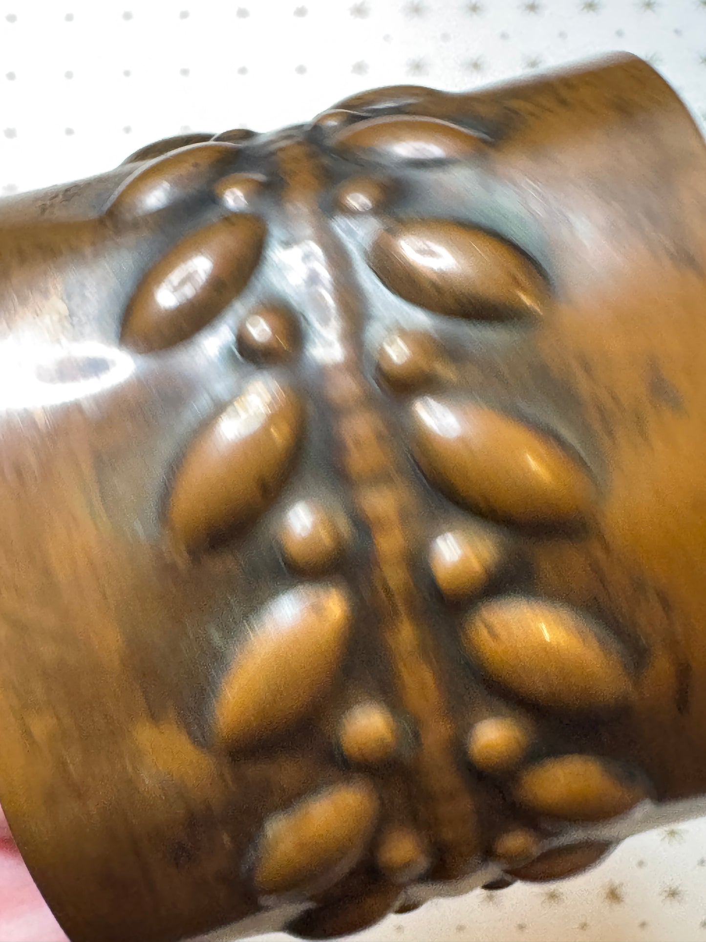 Vintage Copper Cuff Bracelet Wide Embossed Leaf Design Patina Boho