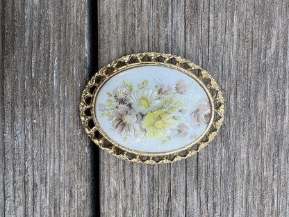 Vintage 1970s Hand-Painted Porcelain Floral Brooch
