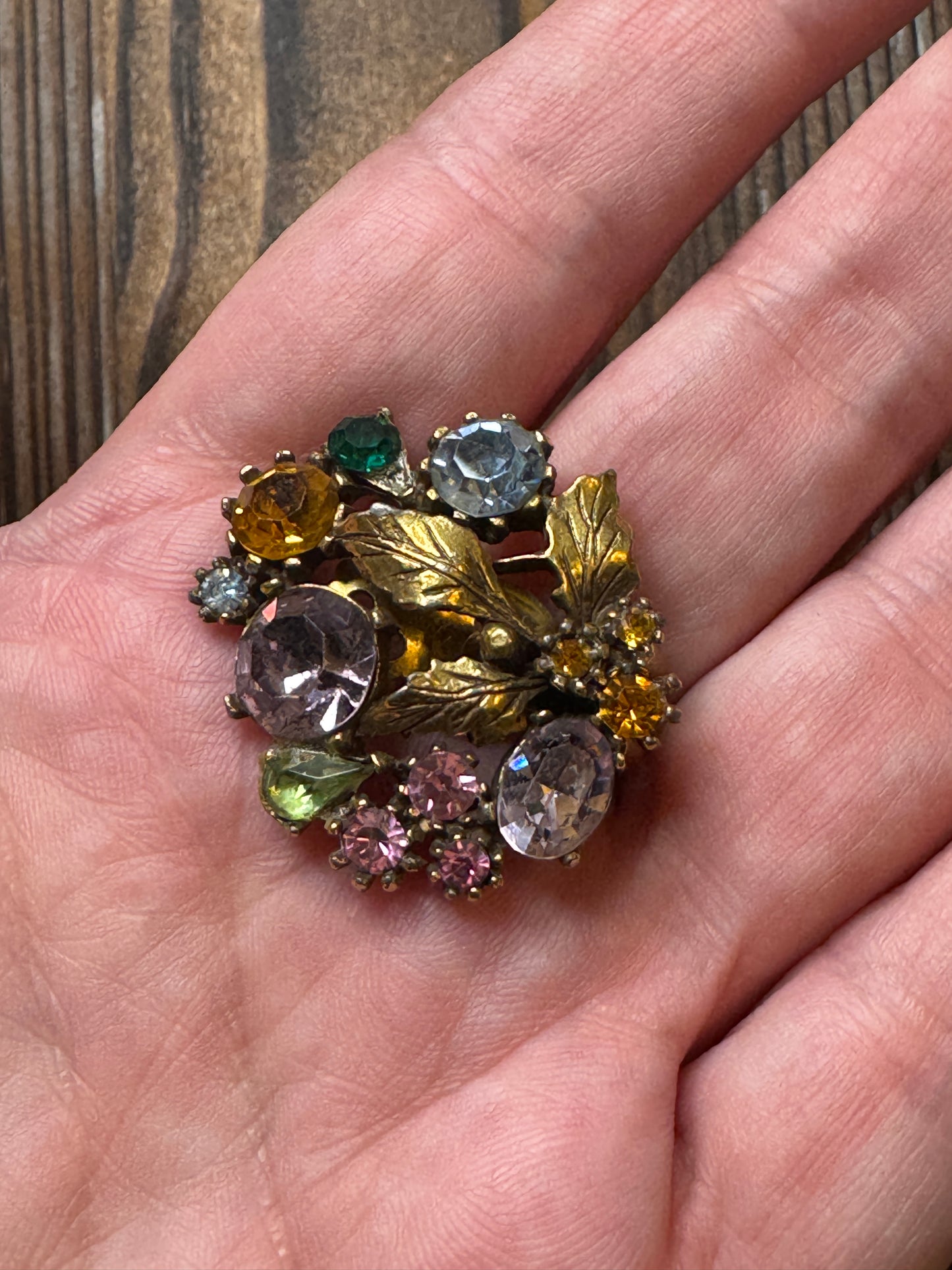 Vintage Lisner Multi Color Rhinestone Leaf Earrings Clip On Fall