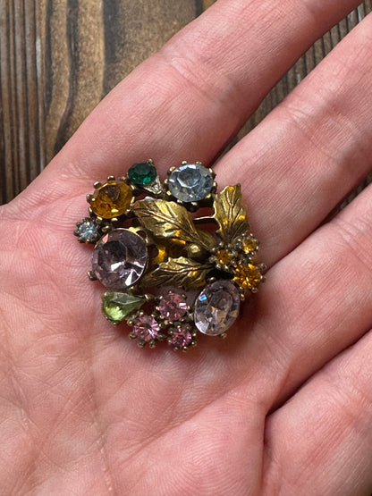 Vintage Lisner Multi Color Rhinestone Leaf Earrings Clip On Fall