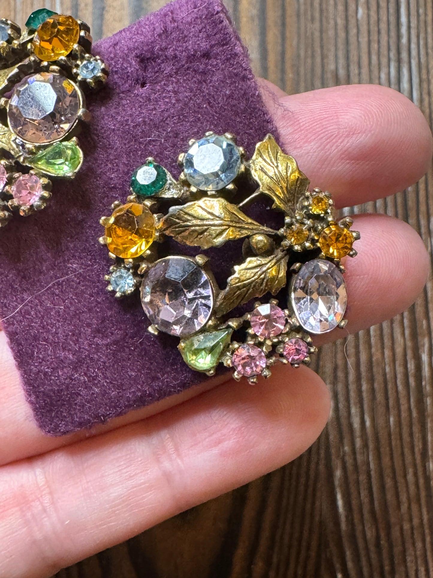 Vintage Lisner Multi Color Rhinestone Leaf Earrings Clip On Fall