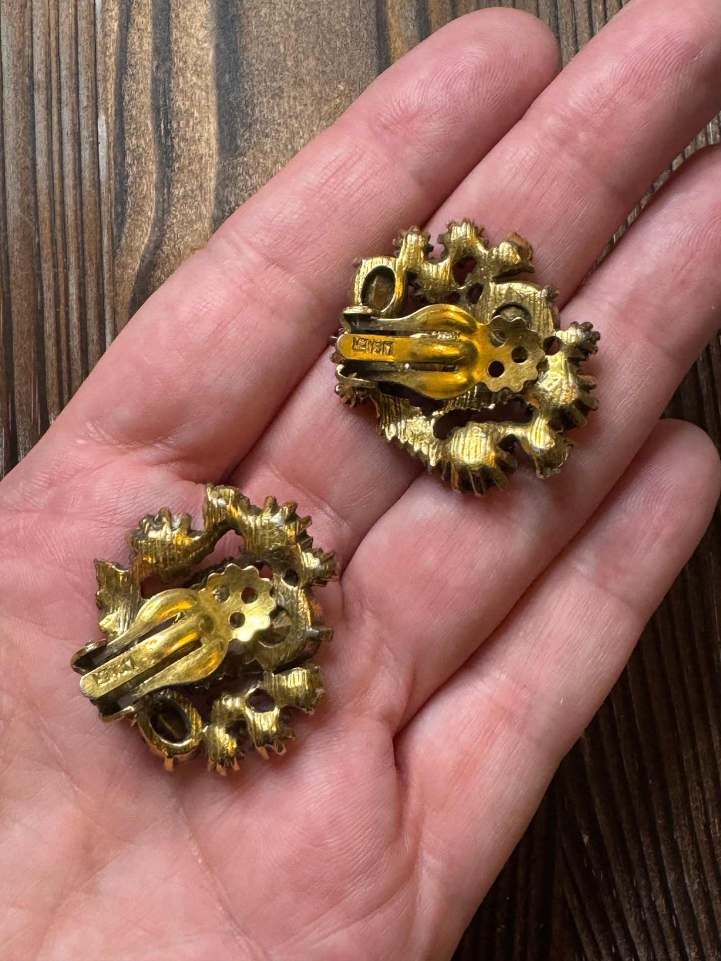 Vintage Lisner Multi Color Rhinestone Leaf Earrings Clip On Fall