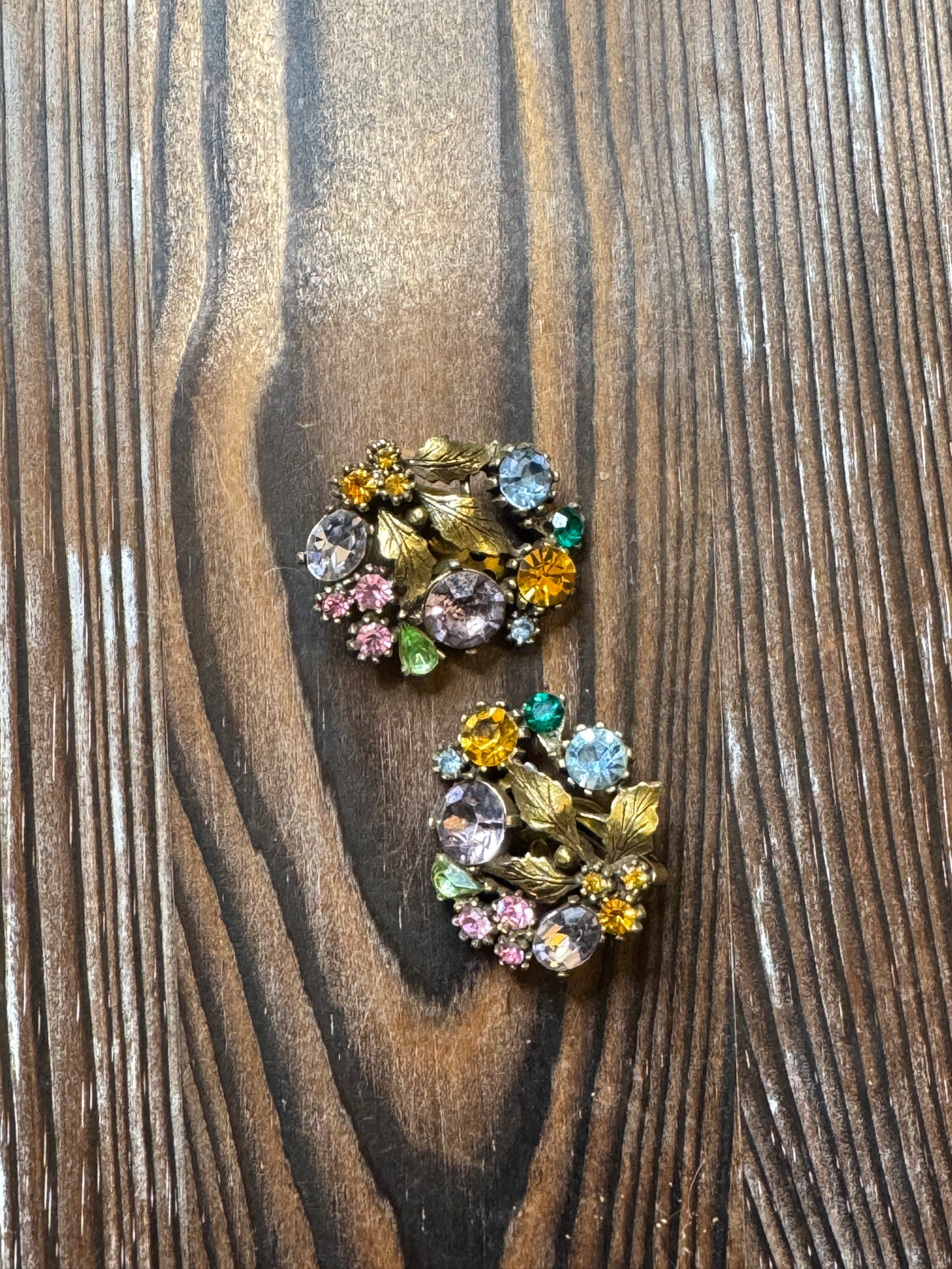 Vintage Lisner Multi Color Rhinestone Leaf Earrings Clip On Fall