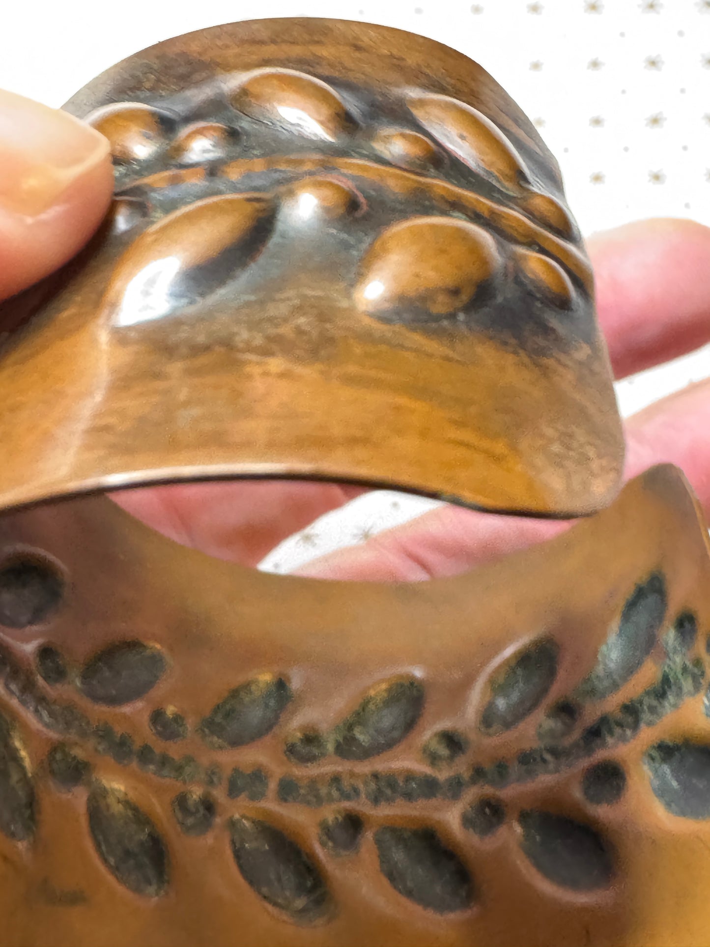 Vintage Copper Cuff Bracelet Wide Embossed Leaf Design Patina Boho