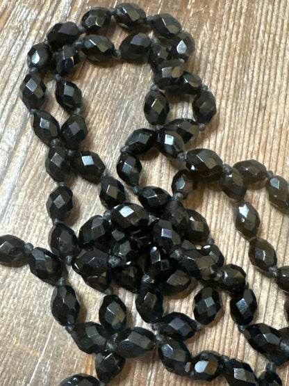 Vintage Hand Knotted Black Faceted Glass Bead Necklace