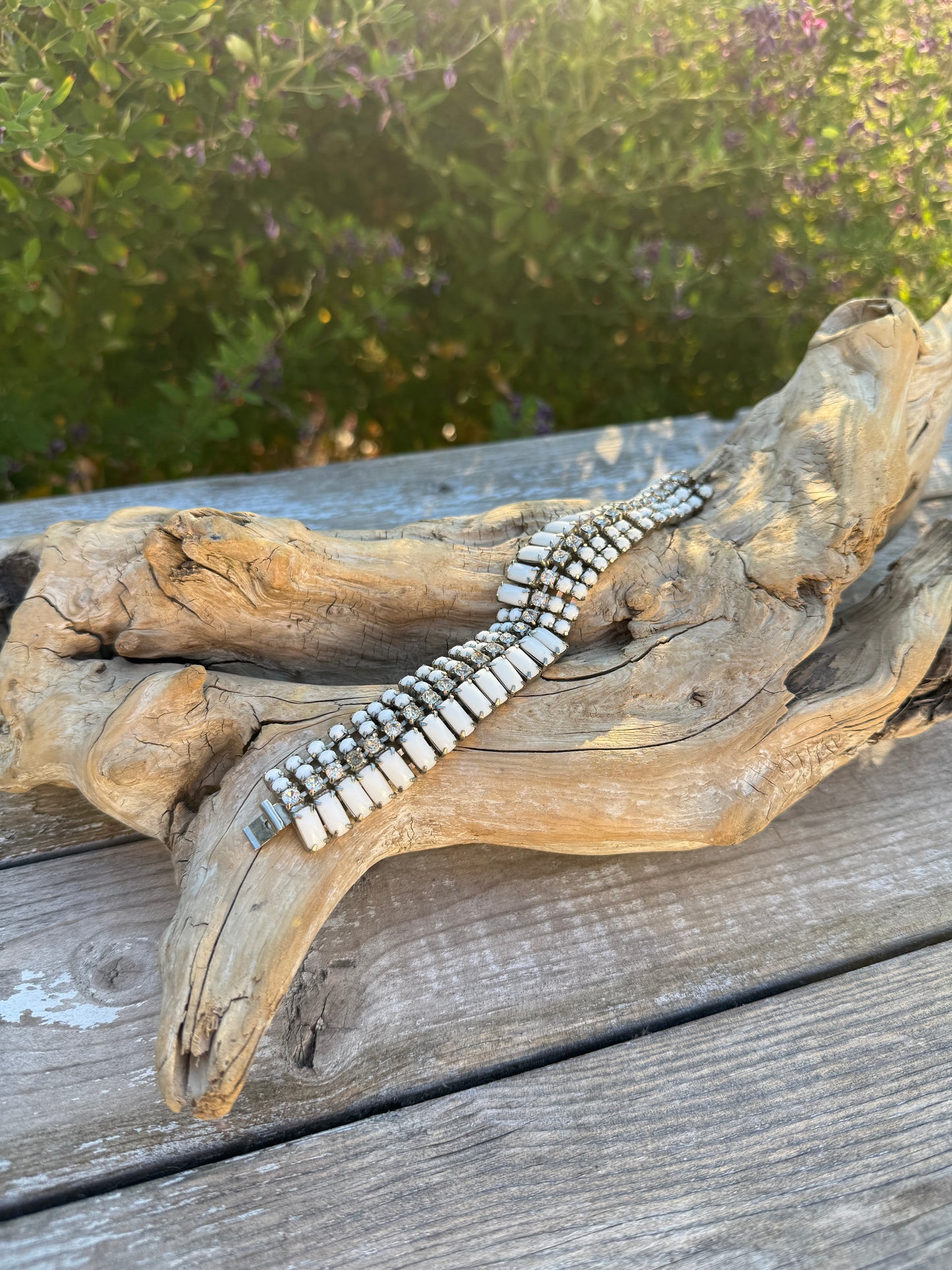 Vintage 1950s Kramer Mesh Bracelet with White Enamel and Rhinestone Accents