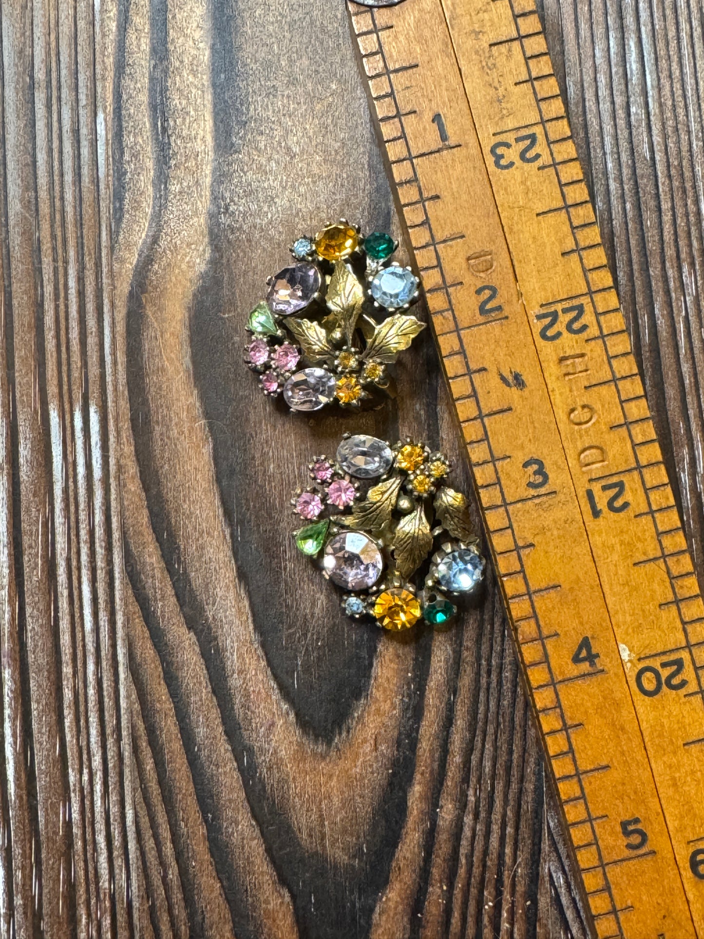 Vintage Lisner Multi Color Rhinestone Leaf Earrings Clip On Fall