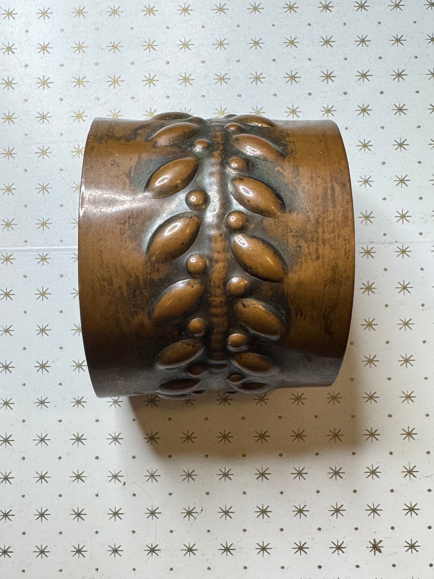 Vintage Copper Cuff Bracelet Wide Embossed Leaf Design Patina Boho