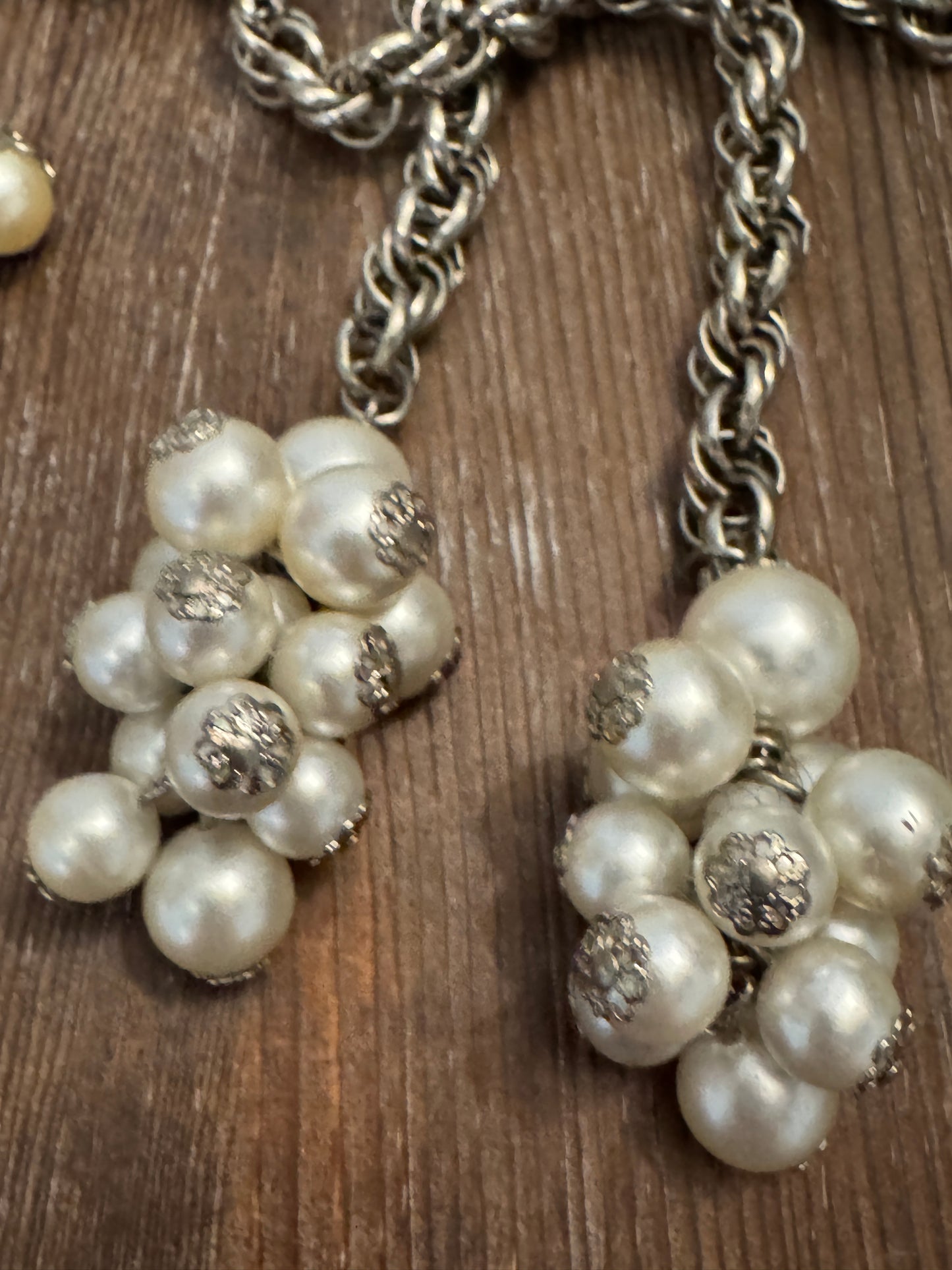 Vintage Faux Pearl Cluster Lariat Rope Chain Necklace Clip Earrings Married Set 1960s