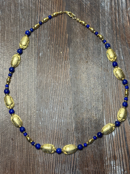 Vintage Egyptian Revival Scarab Necklace - Blue Statement Piece