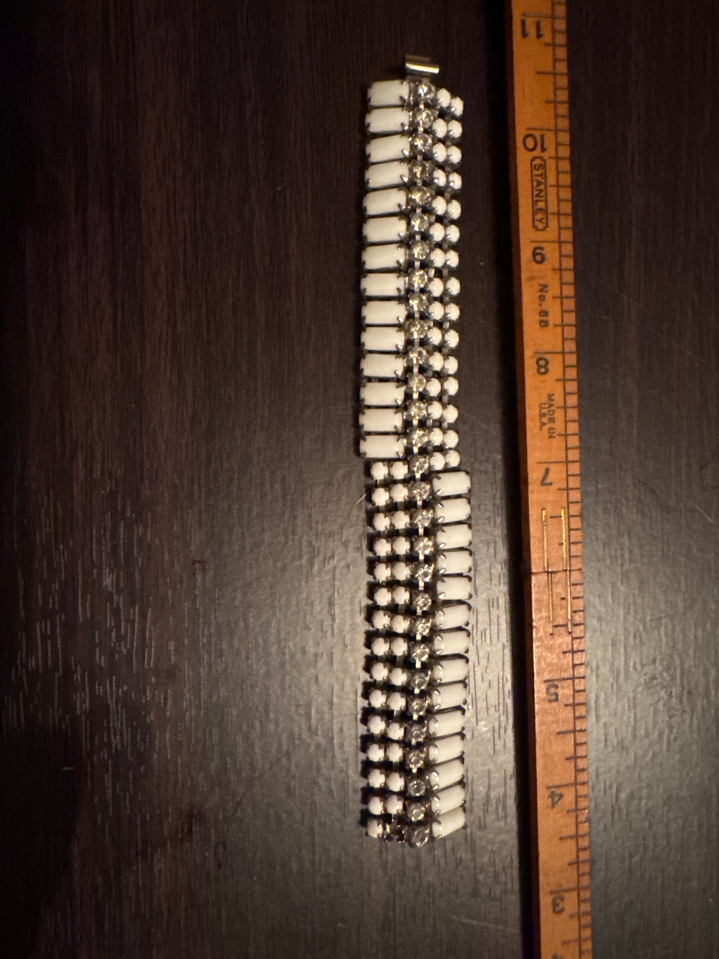 Vintage 1950s Kramer Mesh Bracelet with White Enamel and Rhinestone Accents