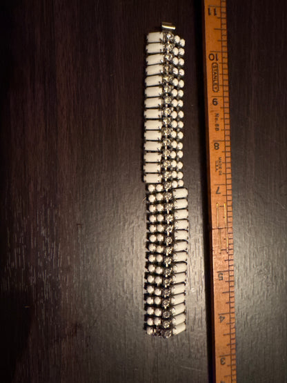 Vintage 1950s Kramer Mesh Bracelet with White Enamel and Rhinestone Accents