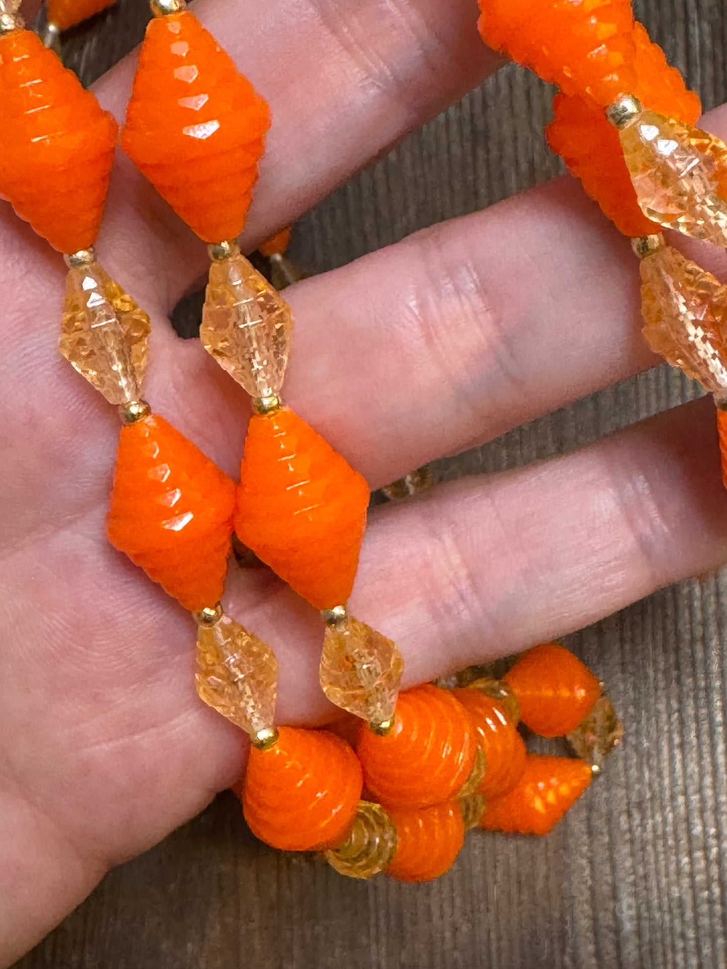 1960s Hong Kong Orange & Amber Plastic Bead Necklace and Clip Earrings Set