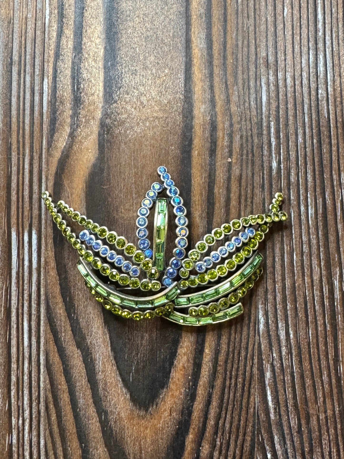 Vintage Butler Green Blue Rhinestone Crown Brooch Pin Statement
