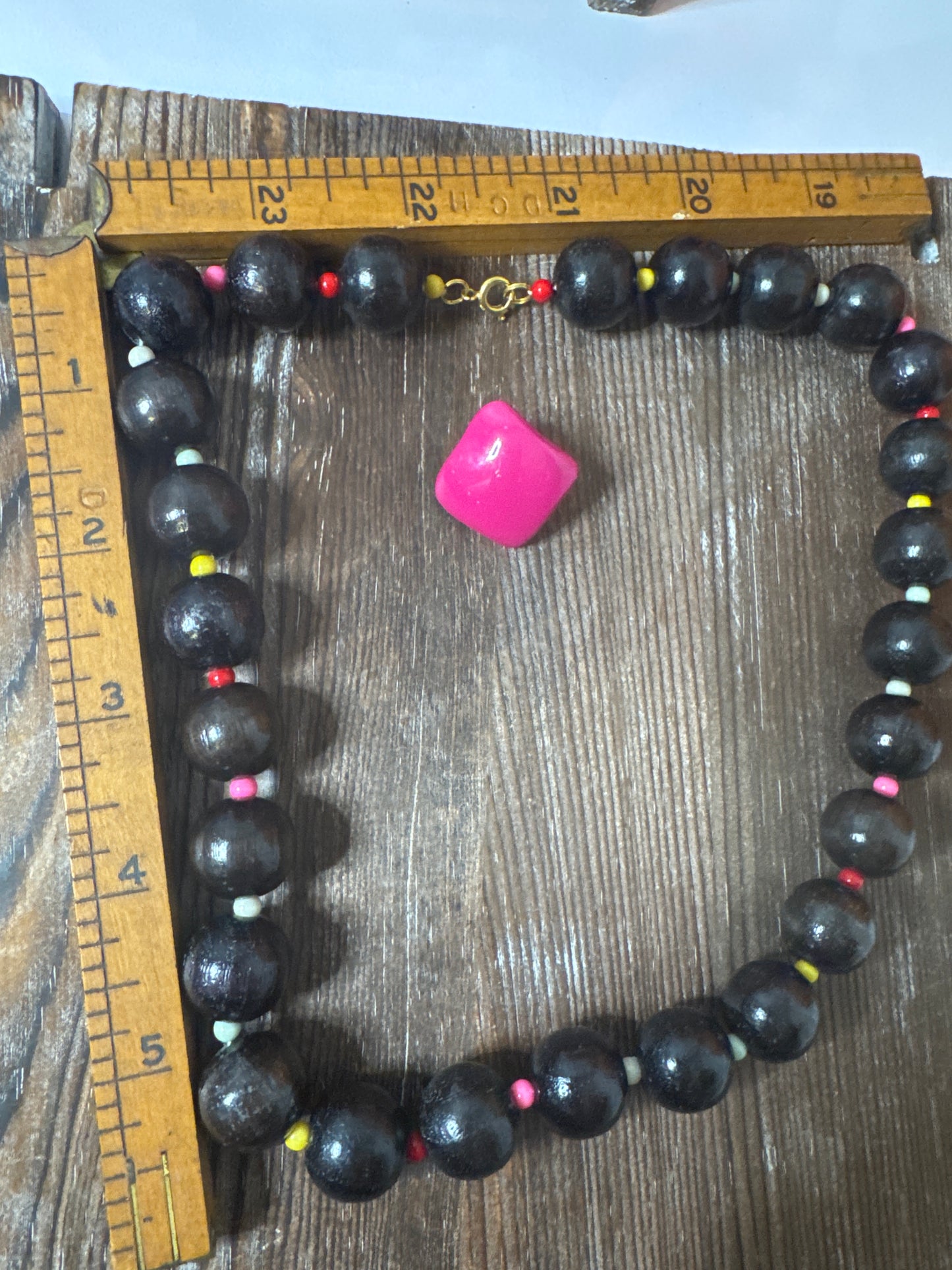 Vintage Wood and Plastic Beaded Necklace w/ Bergere Hot Pink Earrings