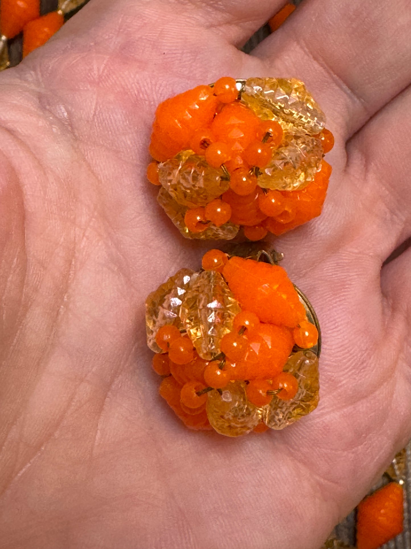 1960s Hong Kong Orange & Amber Plastic Bead Necklace and Clip Earrings Set