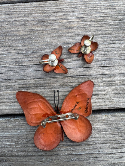 Vintage Leather Tooled Butterfly Brooch & Earring Set