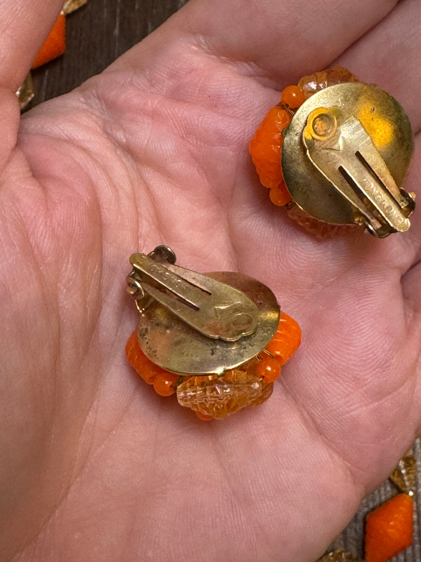 1960s Hong Kong Orange & Amber Plastic Bead Necklace and Clip Earrings Set