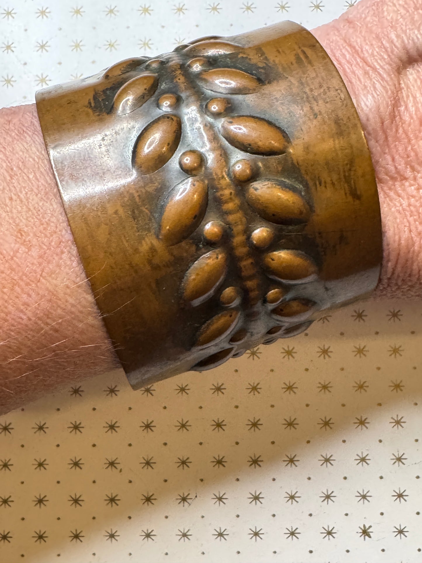 Vintage Copper Cuff Bracelet Wide Embossed Leaf Design Patina Boho