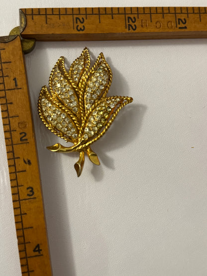 Vintage Hattie Carnegie Gold-Tone Leaf Brooch with Pavé Rhinestones | Mid-Century Designer Costume Pin