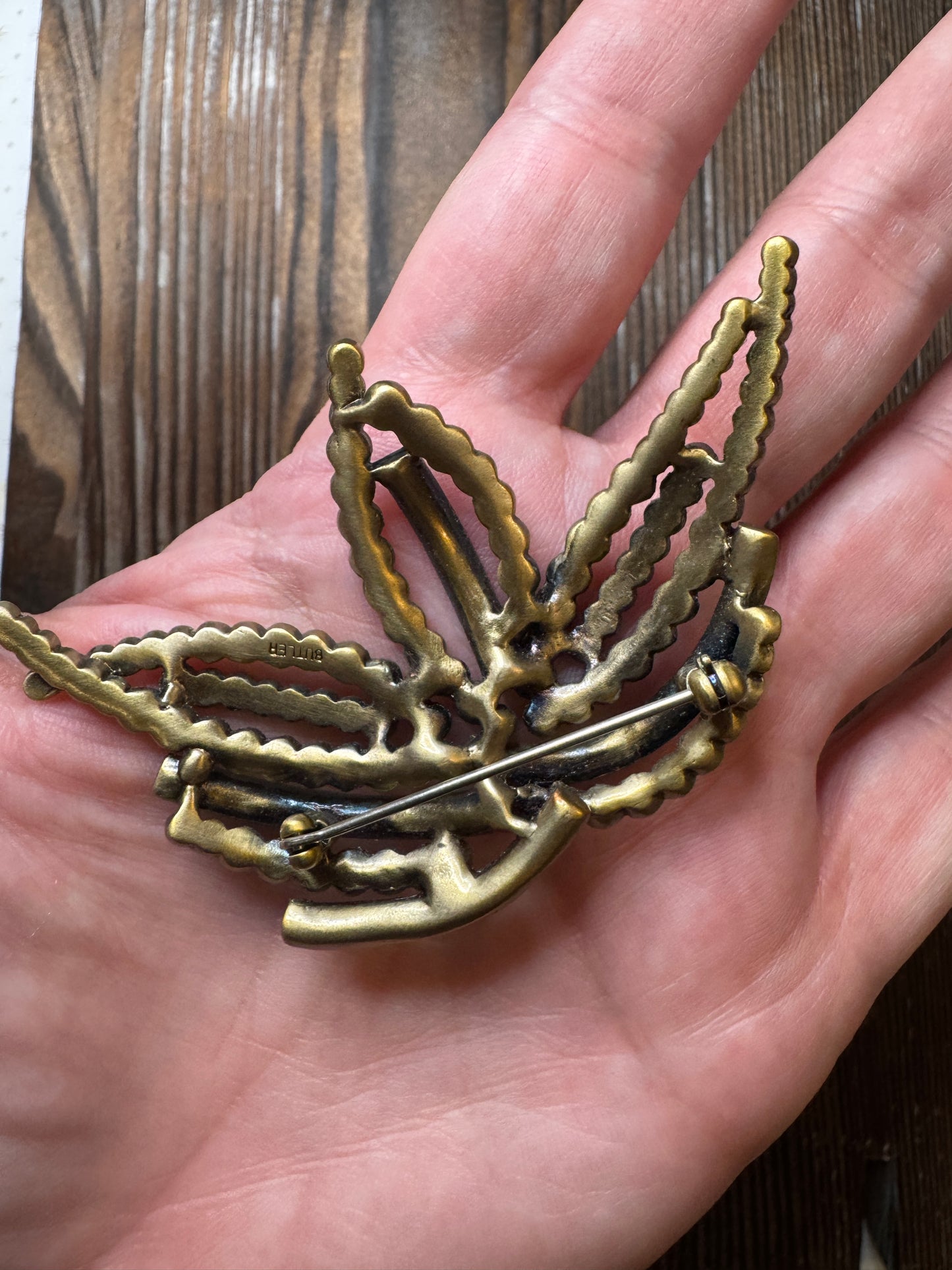 Vintage Butler Green Blue Rhinestone Crown Brooch Pin Statement