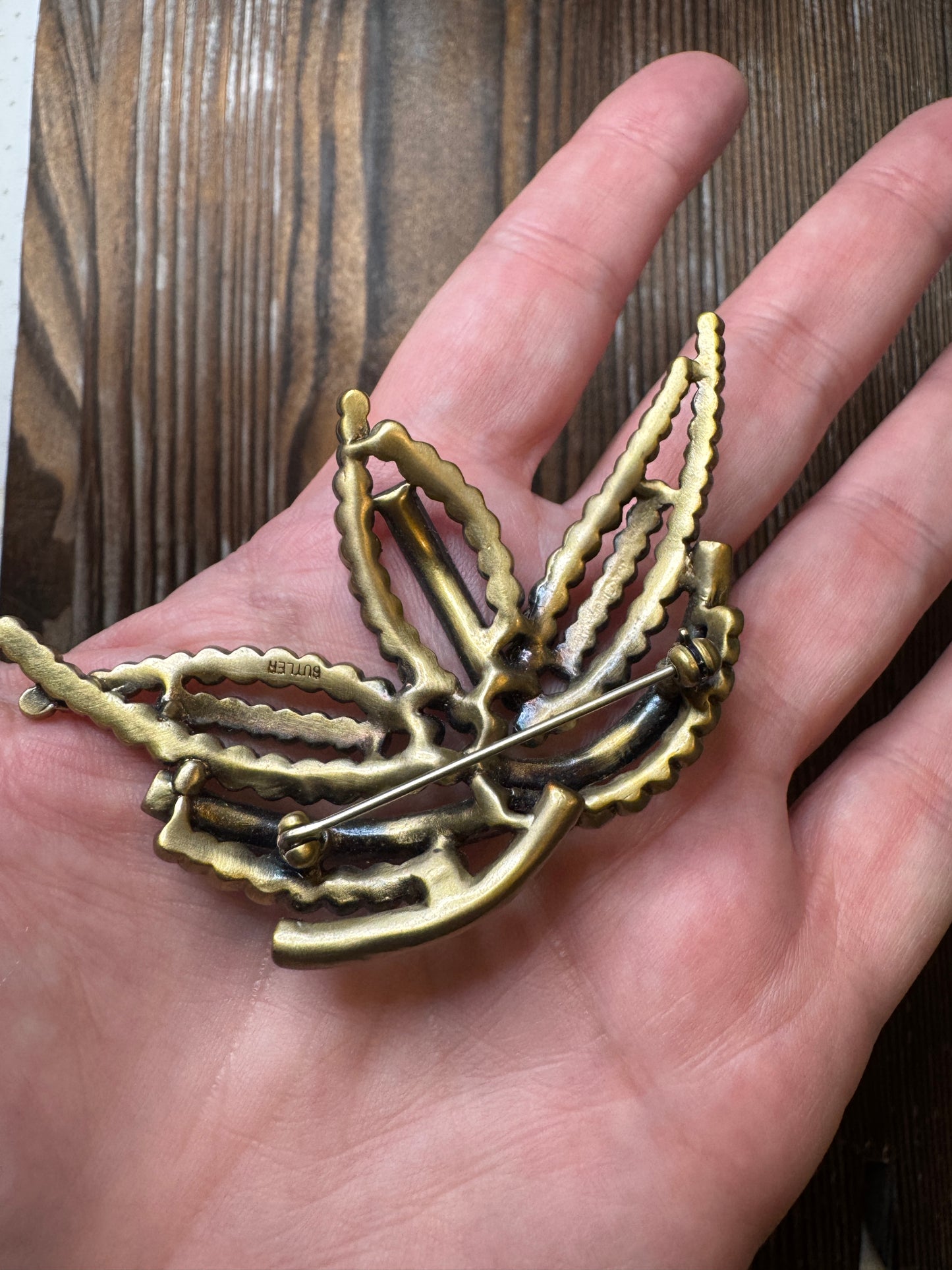 Vintage Butler Green Blue Rhinestone Crown Brooch Pin Statement