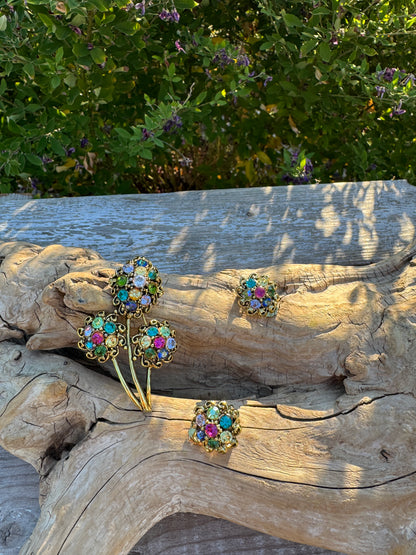 Vintage Hollycraft Brooch & Earrings Set | 1960s Multicolor Rhinestone Demi-Parure | Collectible Designer Jewelry