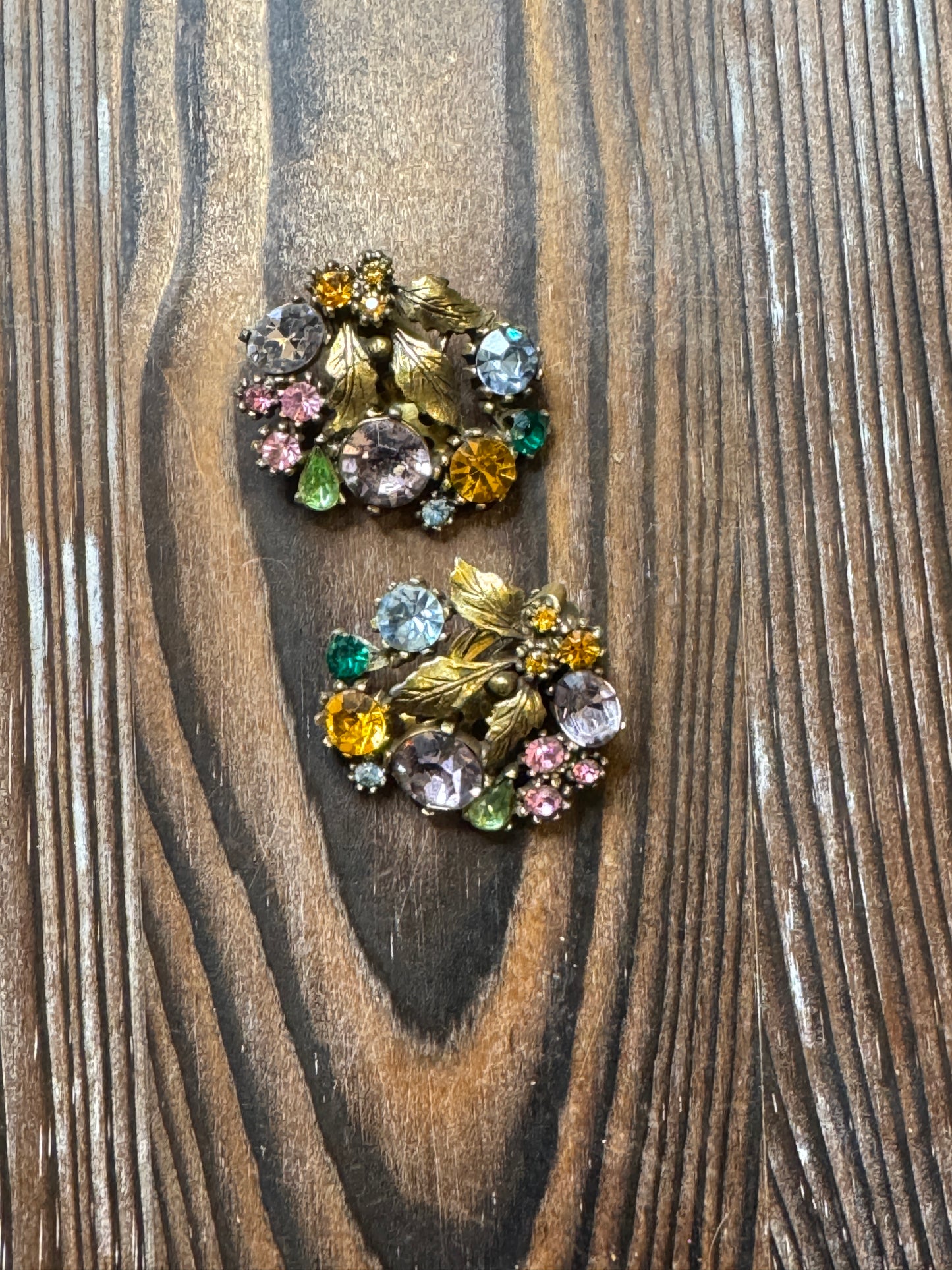 Vintage Lisner Multi Color Rhinestone Leaf Earrings Clip On Fall