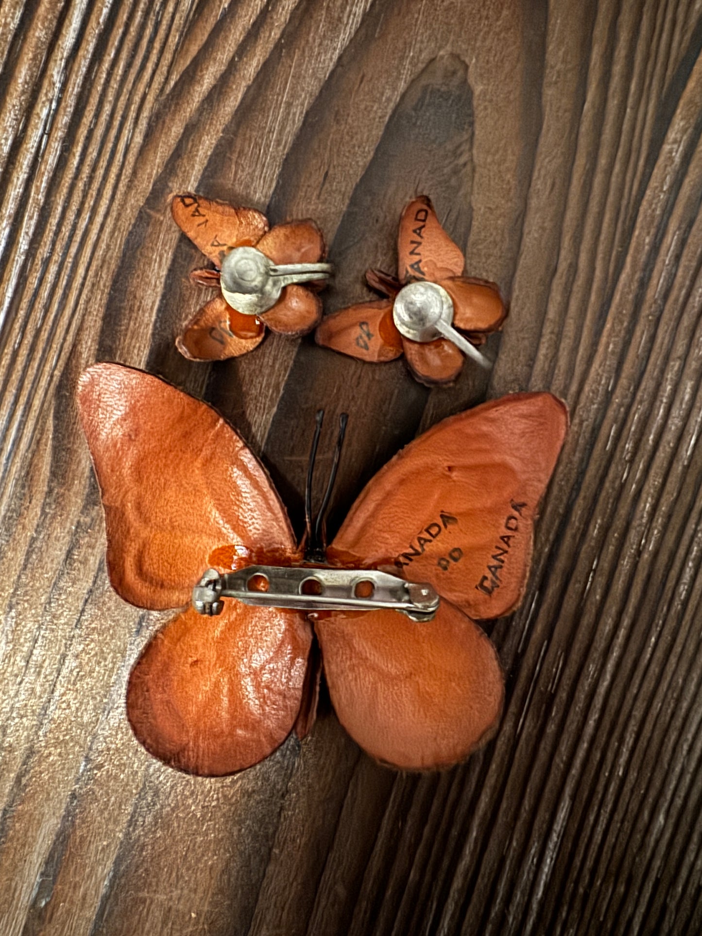 Vintage Leather Tooled Butterfly Brooch & Earring Set