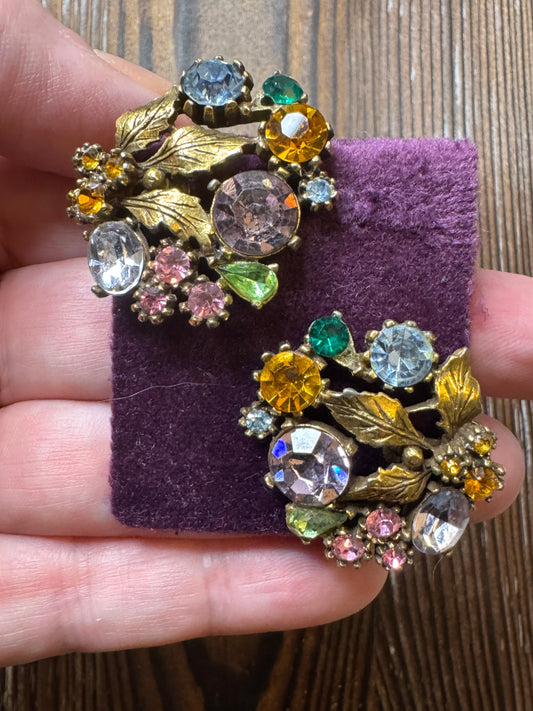 Vintage Lisner Multi Color Rhinestone Leaf Earrings Clip On Fall