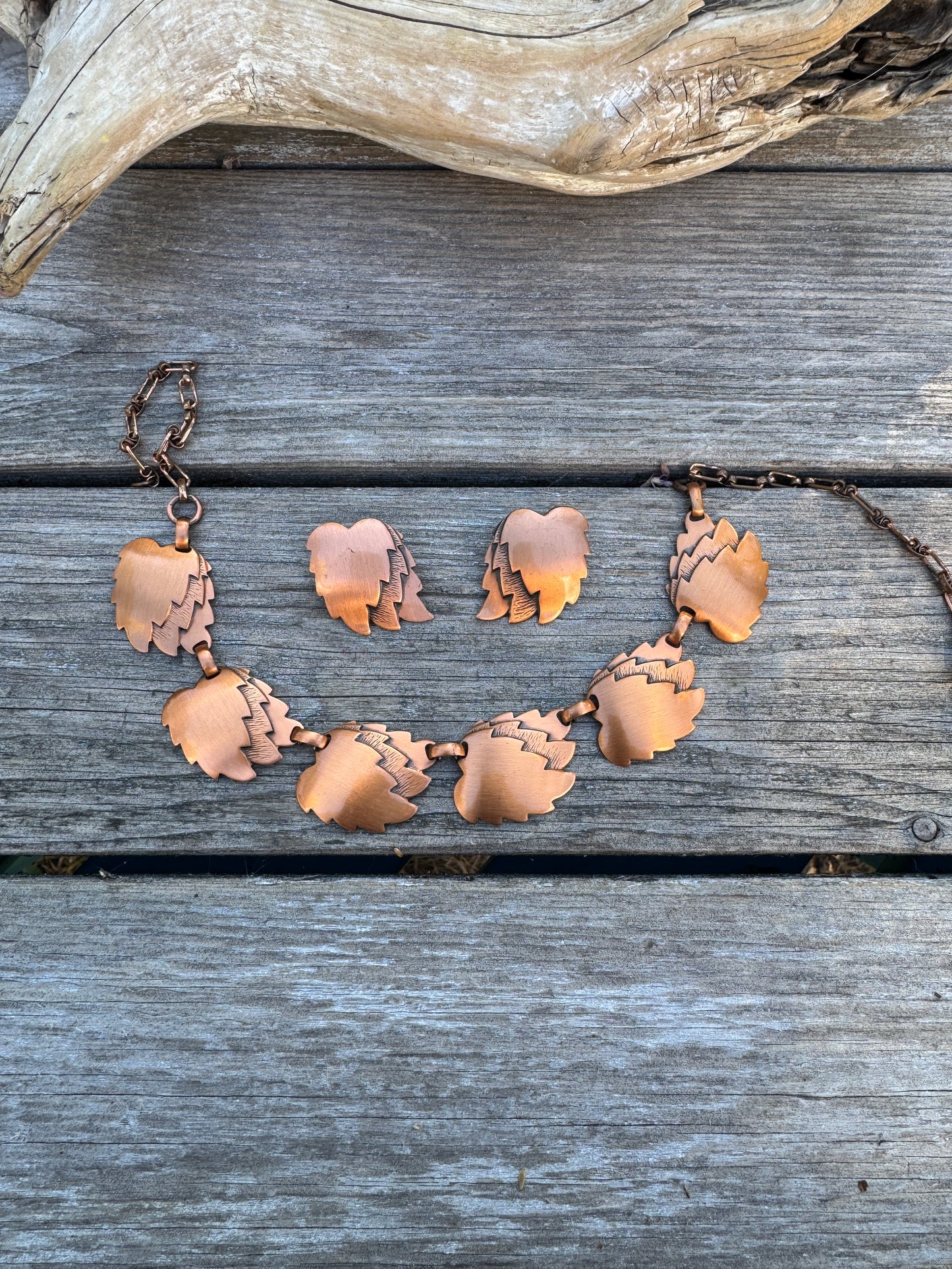 Vintage Copper Adjustable Necklace & Clip Earrings Set