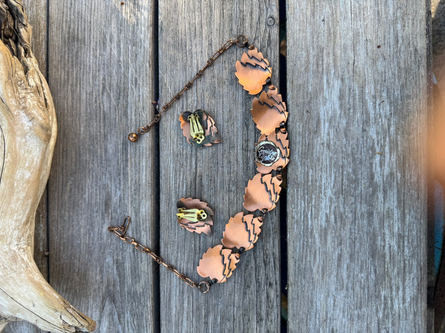 Vintage Copper Adjustable Necklace & Clip Earrings Set