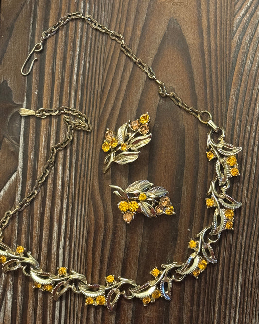 Vintage Coro Rhinestone Necklace Earrings Set - 1950s Autumn Leaf Design Gold Tone