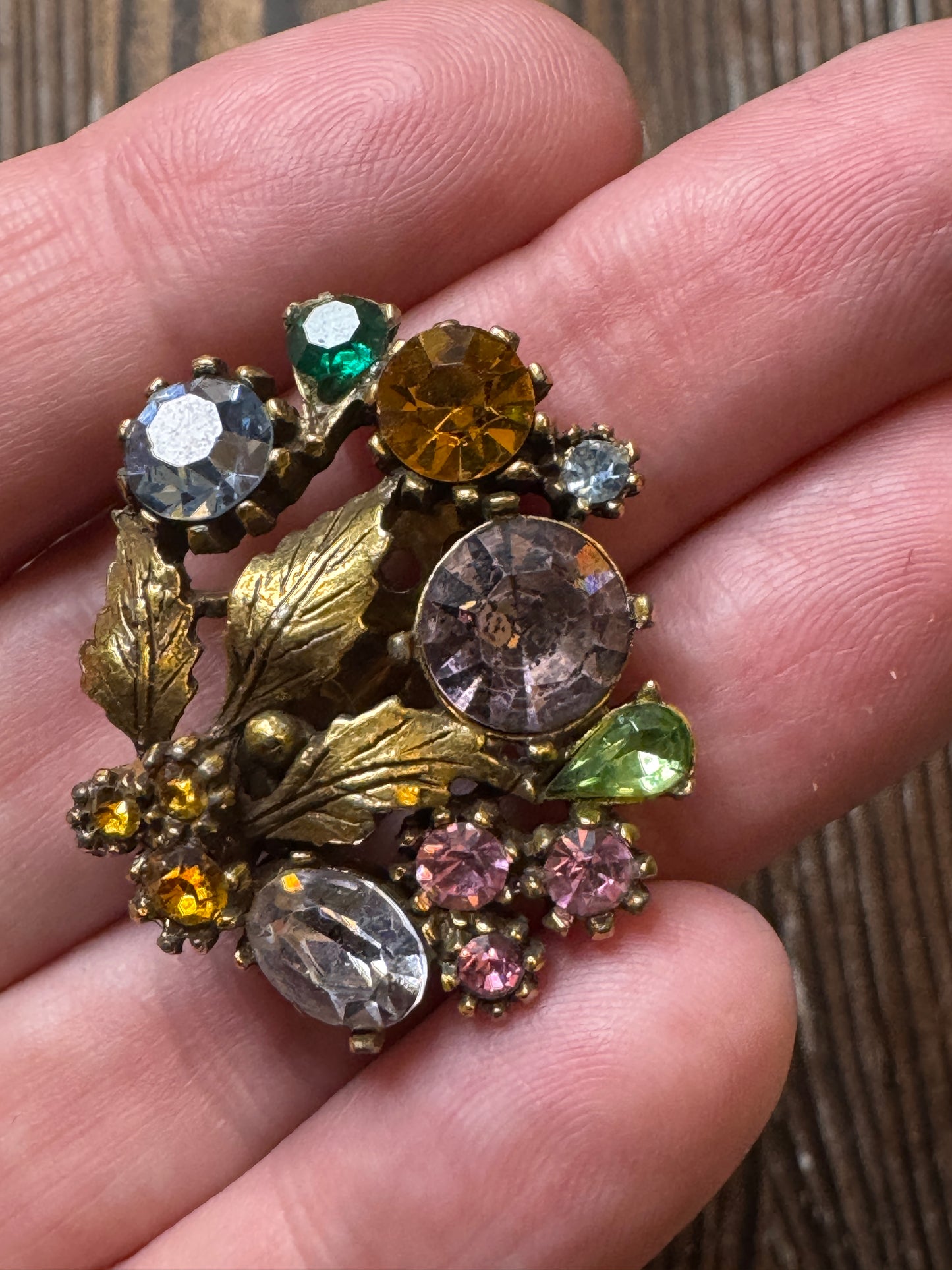 Vintage Lisner Multi Color Rhinestone Leaf Earrings Clip On Fall