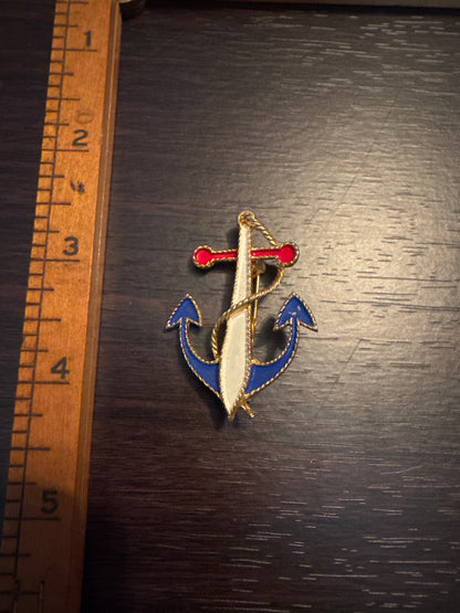 Vintage JJ Anchor Blue & Clear Rhinestone Circle Brooch - Patriotic