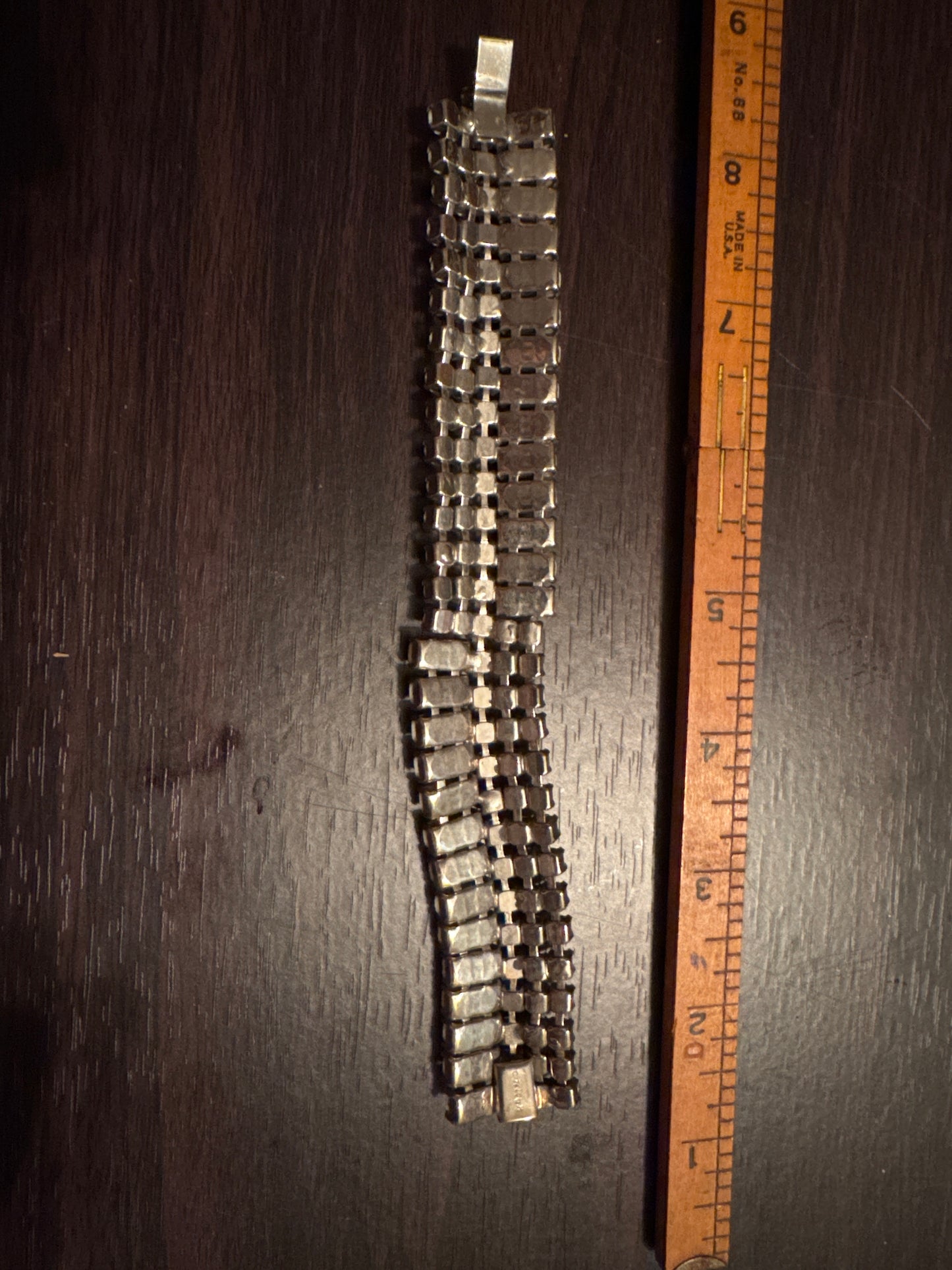 Vintage 1950s Kramer Mesh Bracelet with White Enamel and Rhinestone Accents