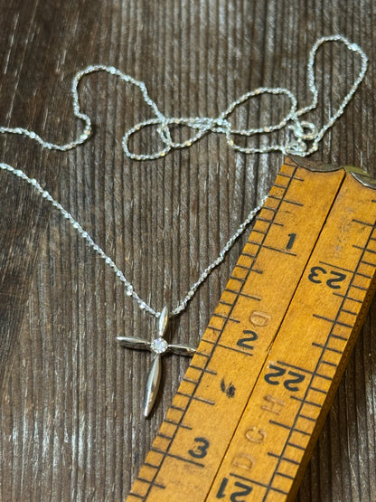 Sterling Silver Cross Necklace with Faceted Center Stone
