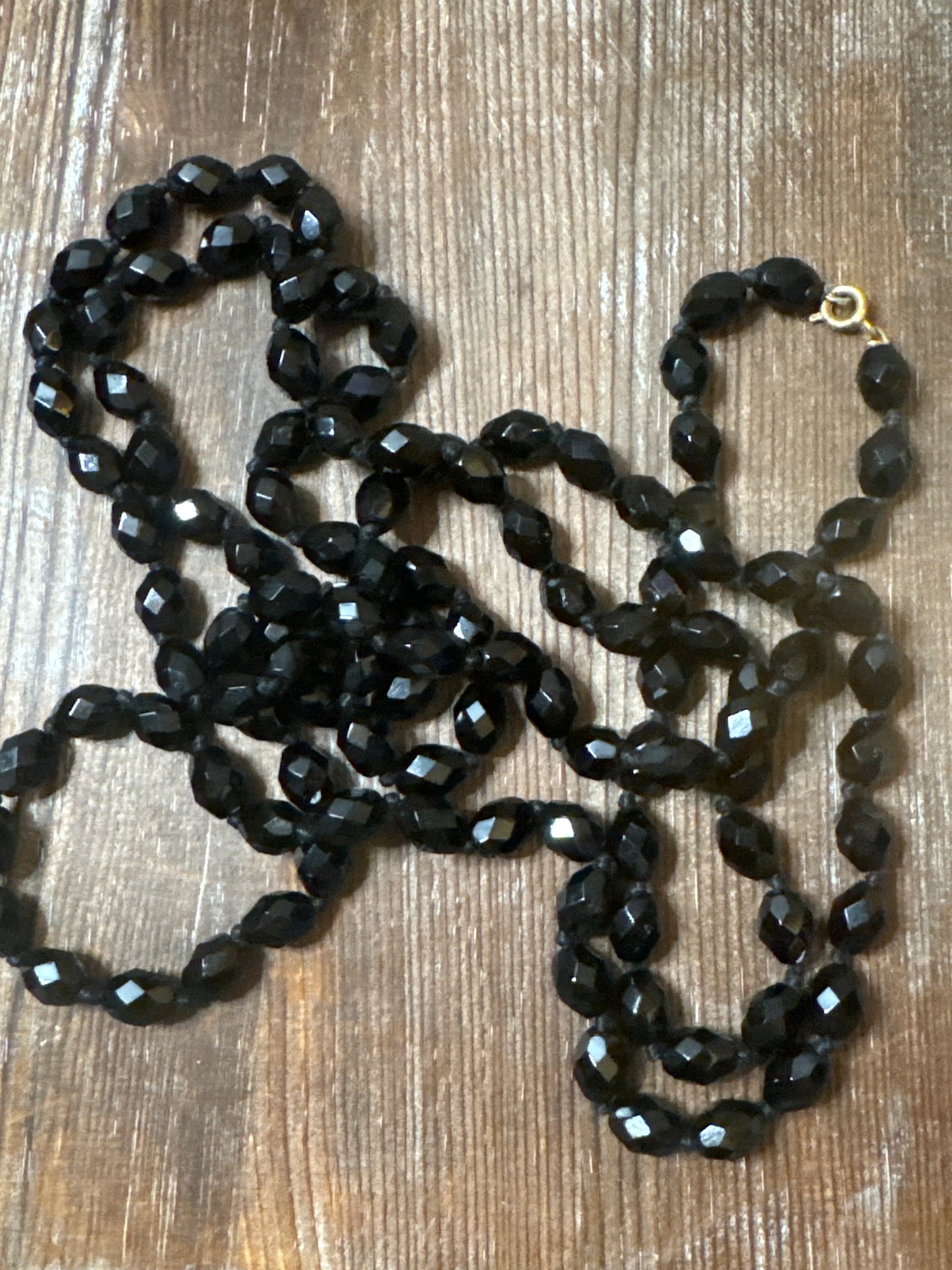 Vintage Hand Knotted Black Faceted Glass Bead Necklace