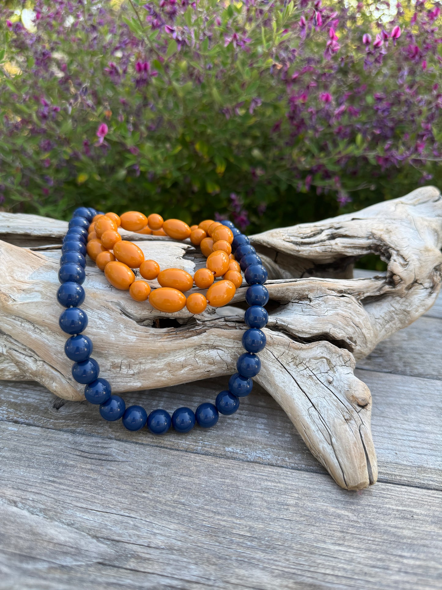 Vibrant Vintage Beaded Necklace in Navy and Golden Amber