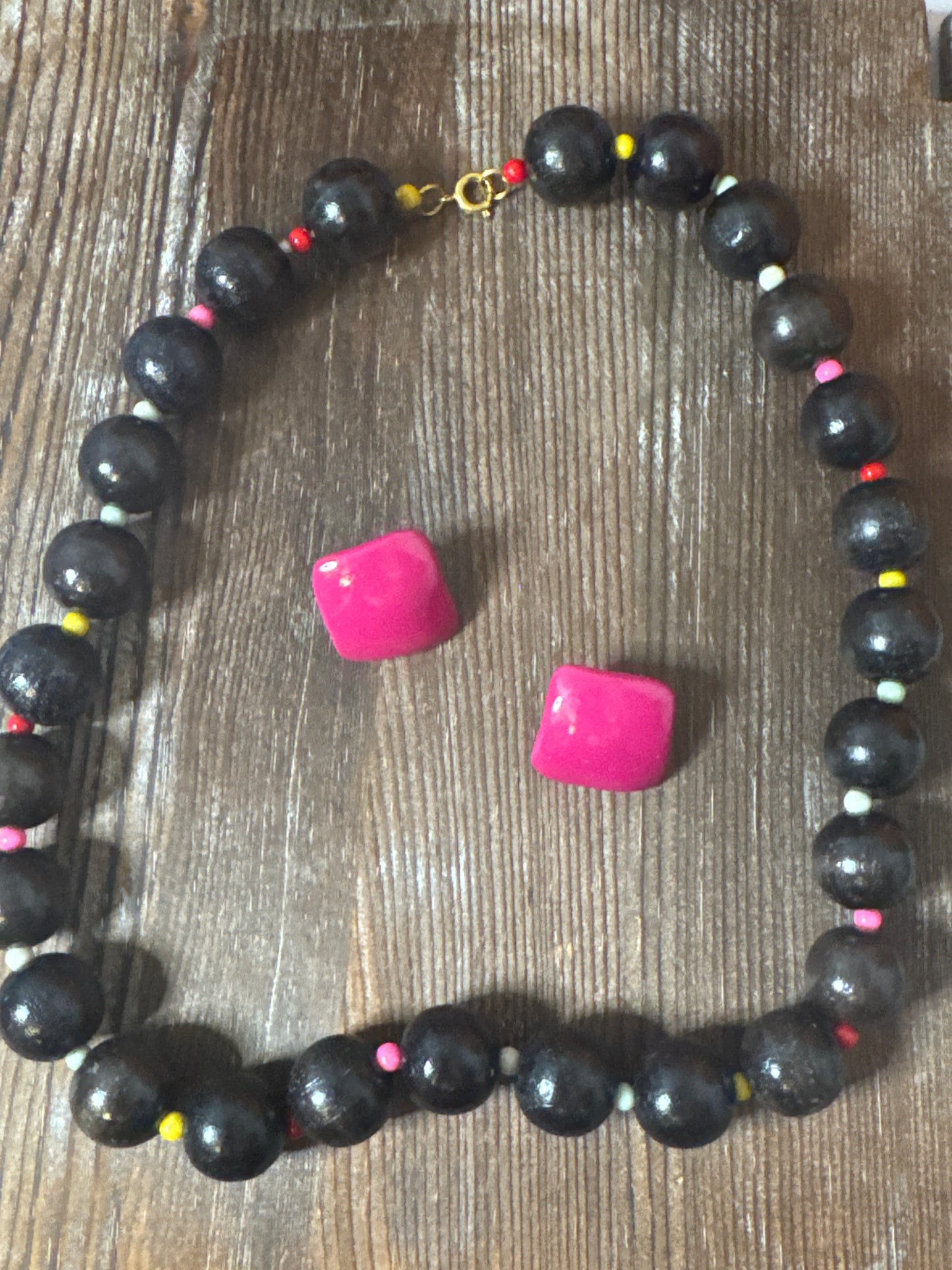 Vintage Wood and Plastic Beaded Necklace w/ Bergere Hot Pink Earrings